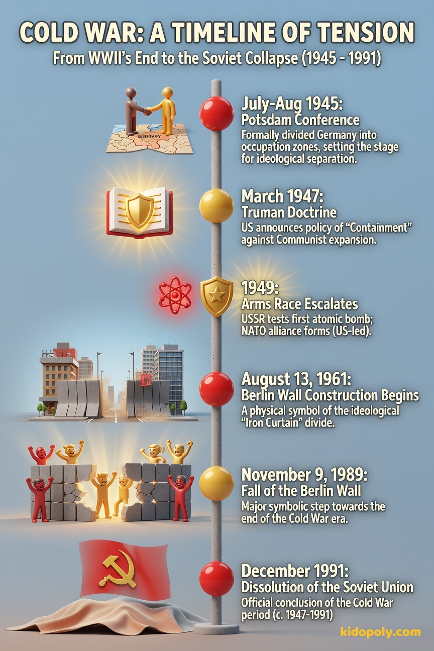 A vertical timeline showing key Cold War dates: 1945 Potsdam Conference, 1947 Truman Doctrine, 1961 Berlin Wall built, 1989 Berlin Wall falls, 1991 USSR dissolves.
