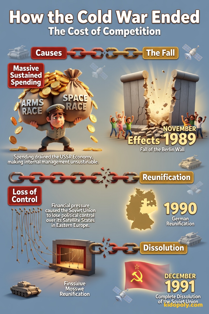 A simple cause-and-effect diagram showing: Soviet Economic Strain -> Loss of Control -> Fall of Berlin Wall -> Dissolution of USSR.