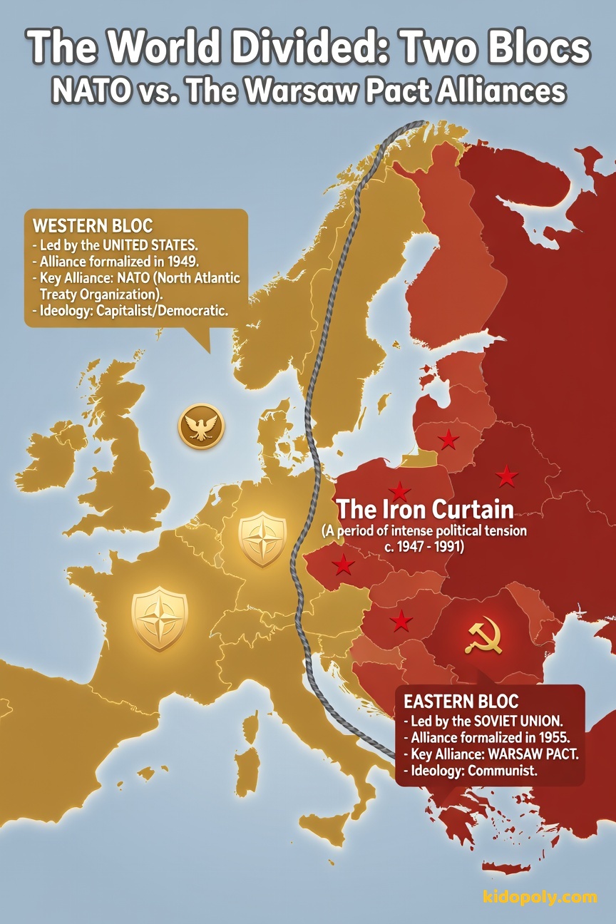 A simplified map of Cold War era Europe clearly showing the two sides: Western Bloc (Gold/NATO) and Eastern Bloc (Red/Warsaw Pact), separated by a jagged line.