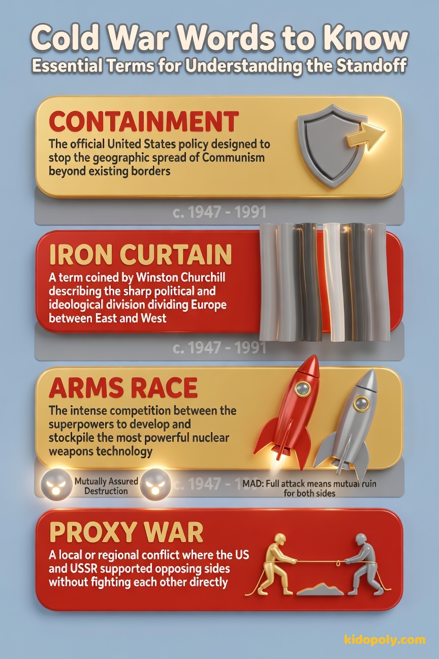 A colourful display of four key Cold War vocabulary words: Containment, Iron Curtain, Arms Race, and Proxy War, each with a simple visual icon.