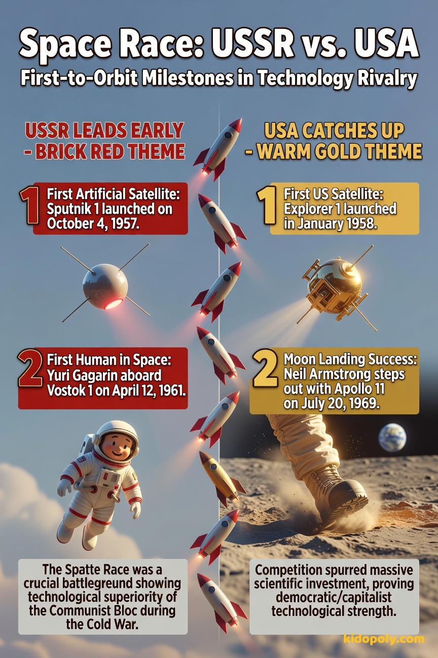 A split image comparing Soviet and US space achievements: USSR showing Sputnik and Gagarin; USA showing Explorer 1 and the Apollo 11 Moon landing.