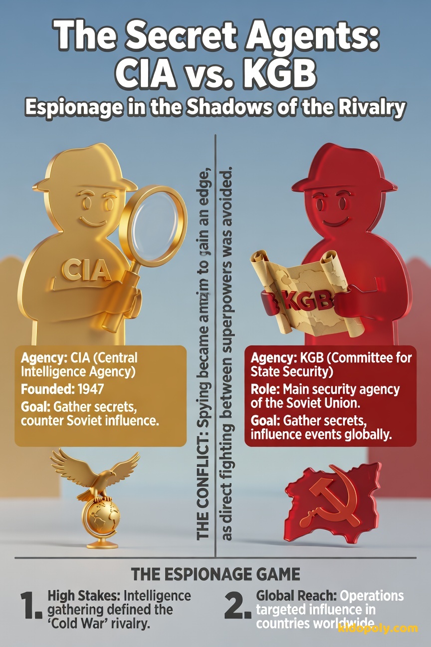 A fun, cartoonish split image comparing the CIA and KGB with spy silhouettes, magnifying glasses, and secret briefcases.