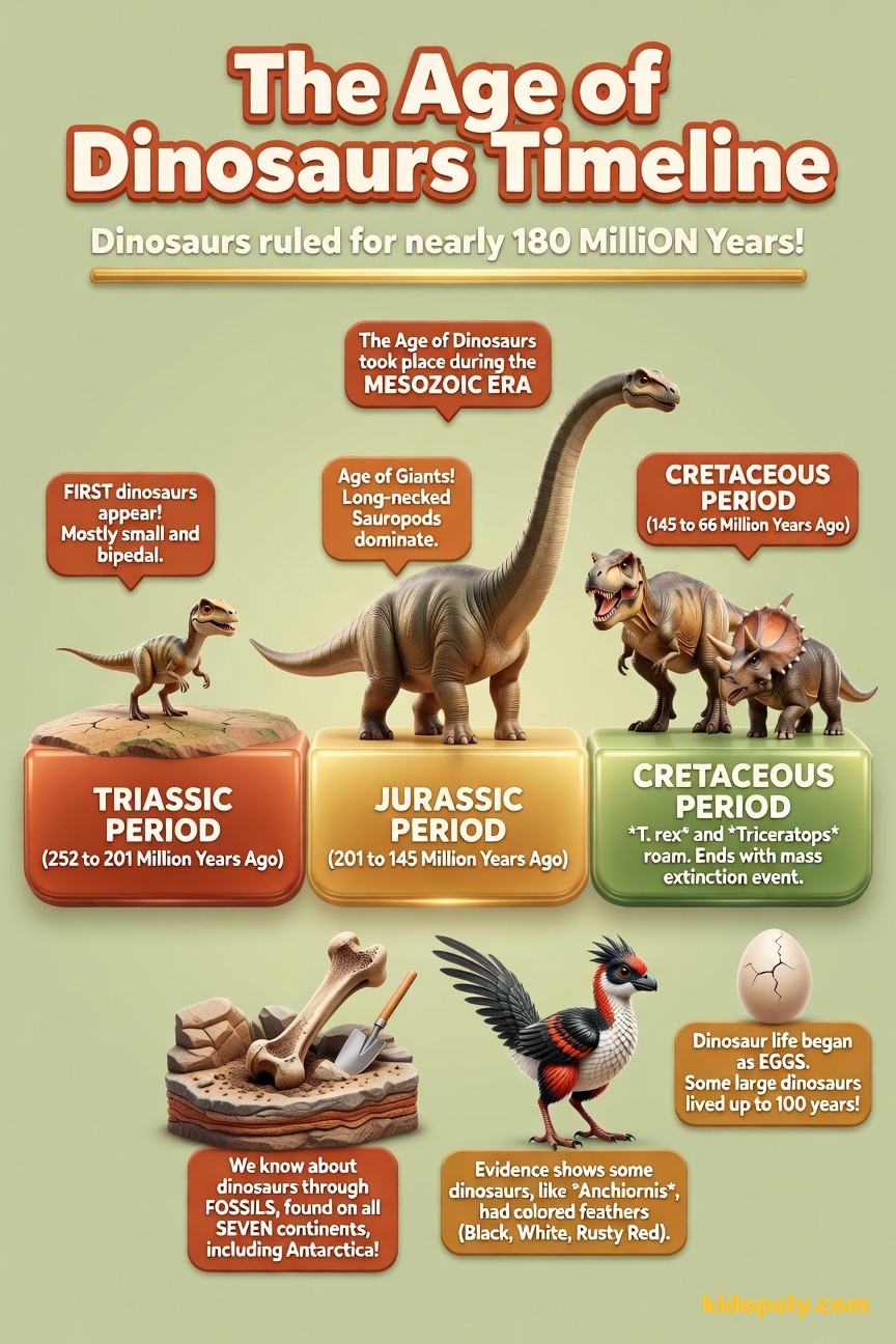 A horizontal timeline showing three distinct sections labeled Triassic (252-201 MYA), Jurassic (201-145 MYA), and Cretaceous (145-66 MYA), with small, illustrative icons of different dinosaurs in each section.