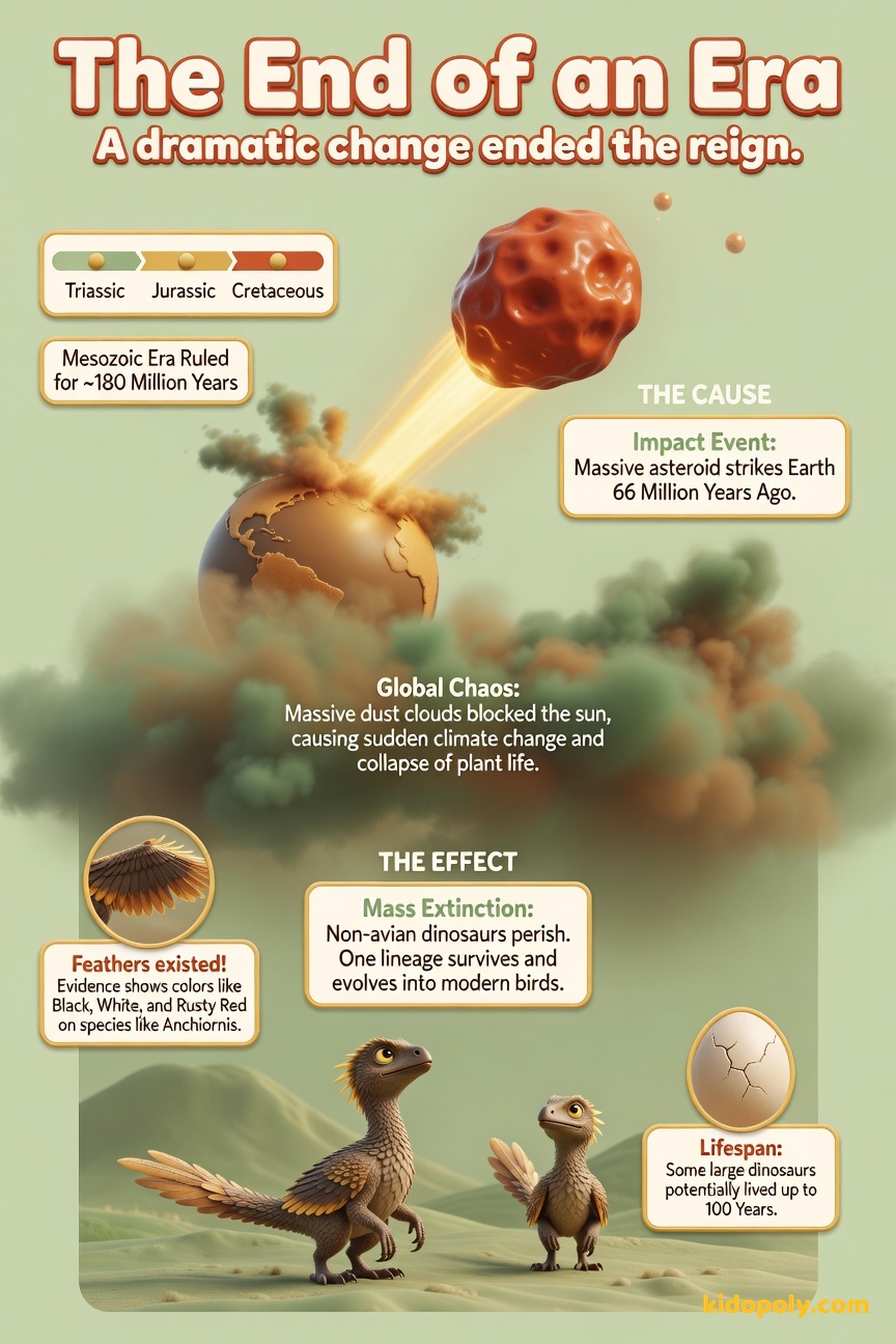 A cause-and-effect diagram: A large, stylized asteroid hitting Earth (Cause) leading to a dark, smoky world, with all large dinosaurs disappearing, but a small, colorful bird-like dinosaur (Effect) flying away safely.