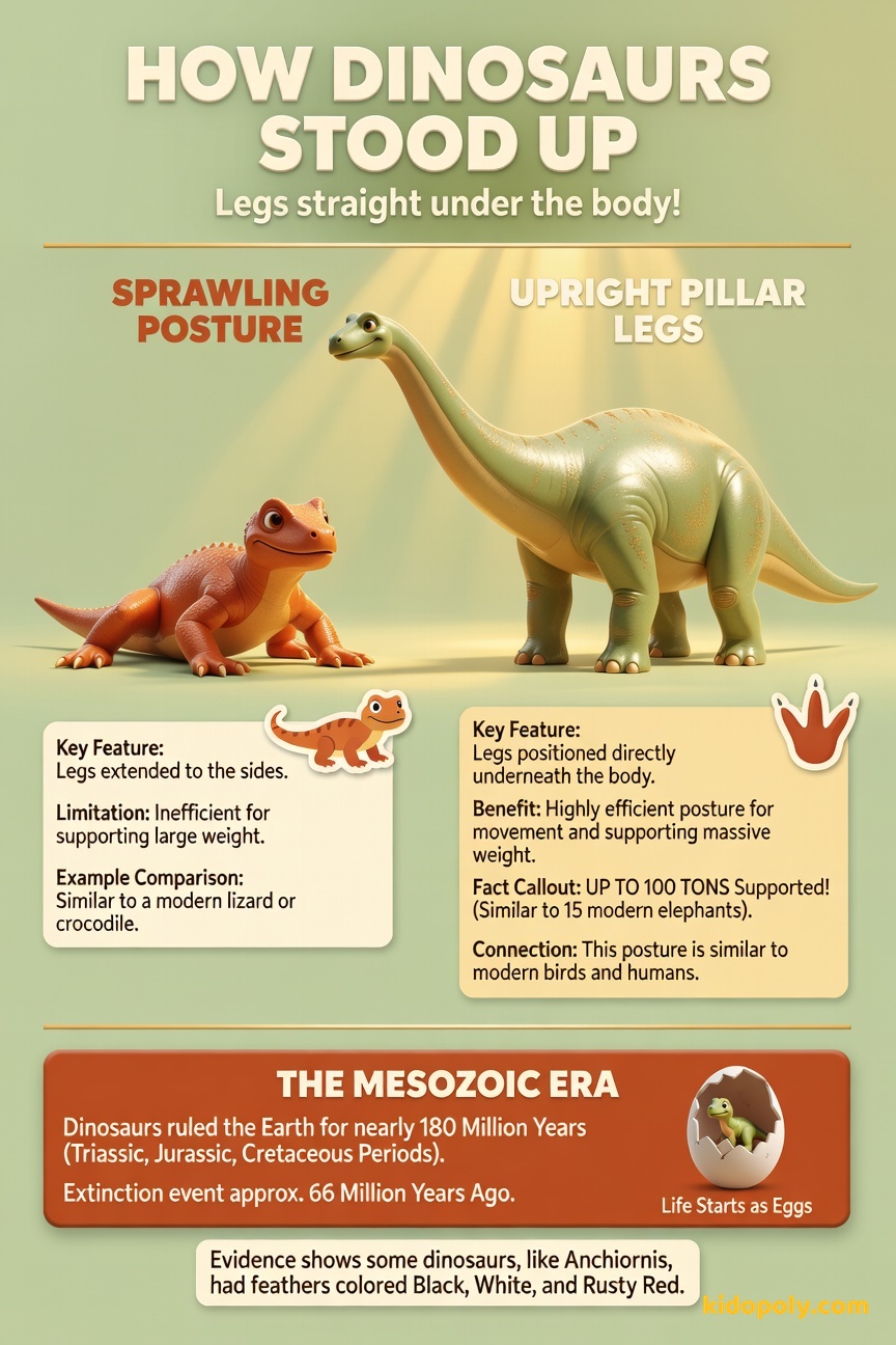 A comparison image showing a modern lizard with sprawling legs on the left and a large, friendly sauropod dinosaur with straight, upright legs on the right, emphasizing the leg position.