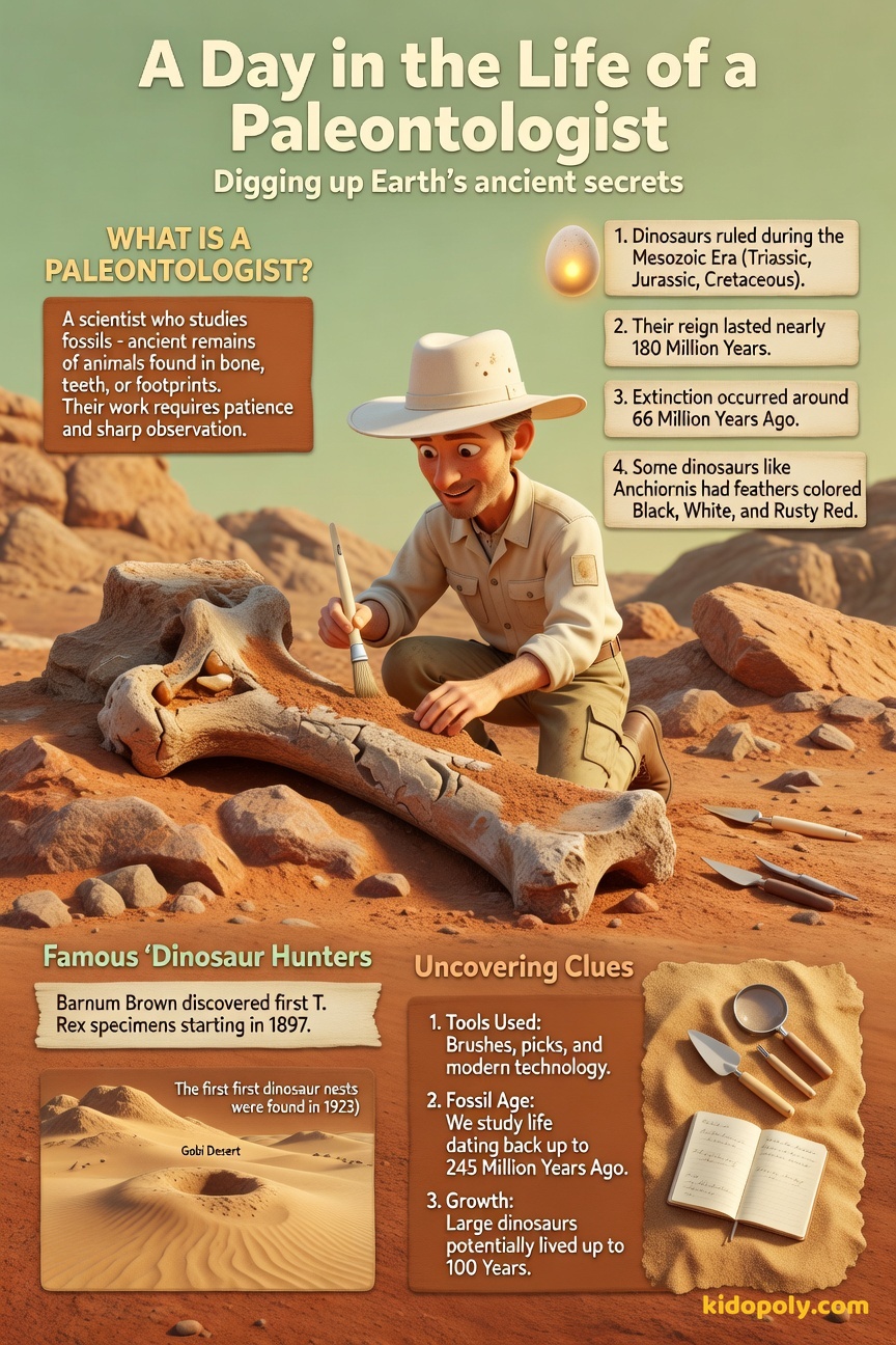 An illustration of a friendly paleontologist wearing a wide-brimmed hat and using a small brush and pick in a sunny desert excavation site to gently clean a large, partially uncovered fossilized bone.