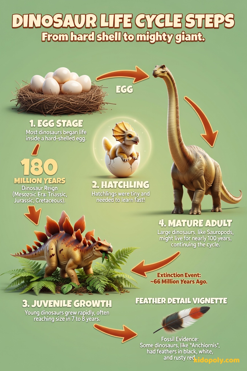 A four-step circular diagram illustrating the dinosaur life cycle: 1. Egg in a nest, 2. Tiny hatchling, 3. Growing juvenile, 4. Full-grown adult dinosaur.