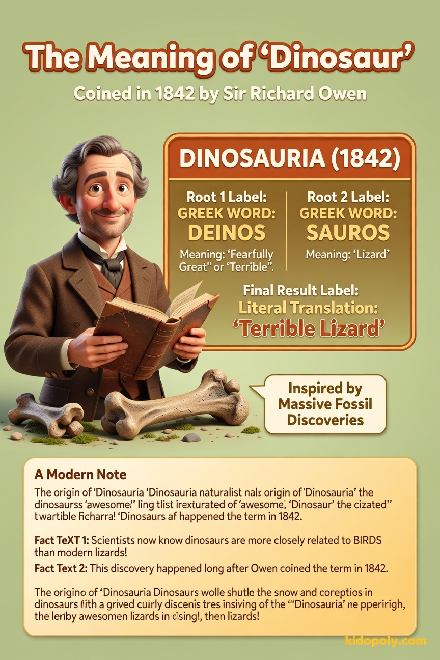 A portrait of Sir Richard Owen next to a large, stylized Greek word cloud featuring 'DEINOS' (terrible) and 'SAUROS' (lizard), with a translation underneath: 'Terrible Lizard'.