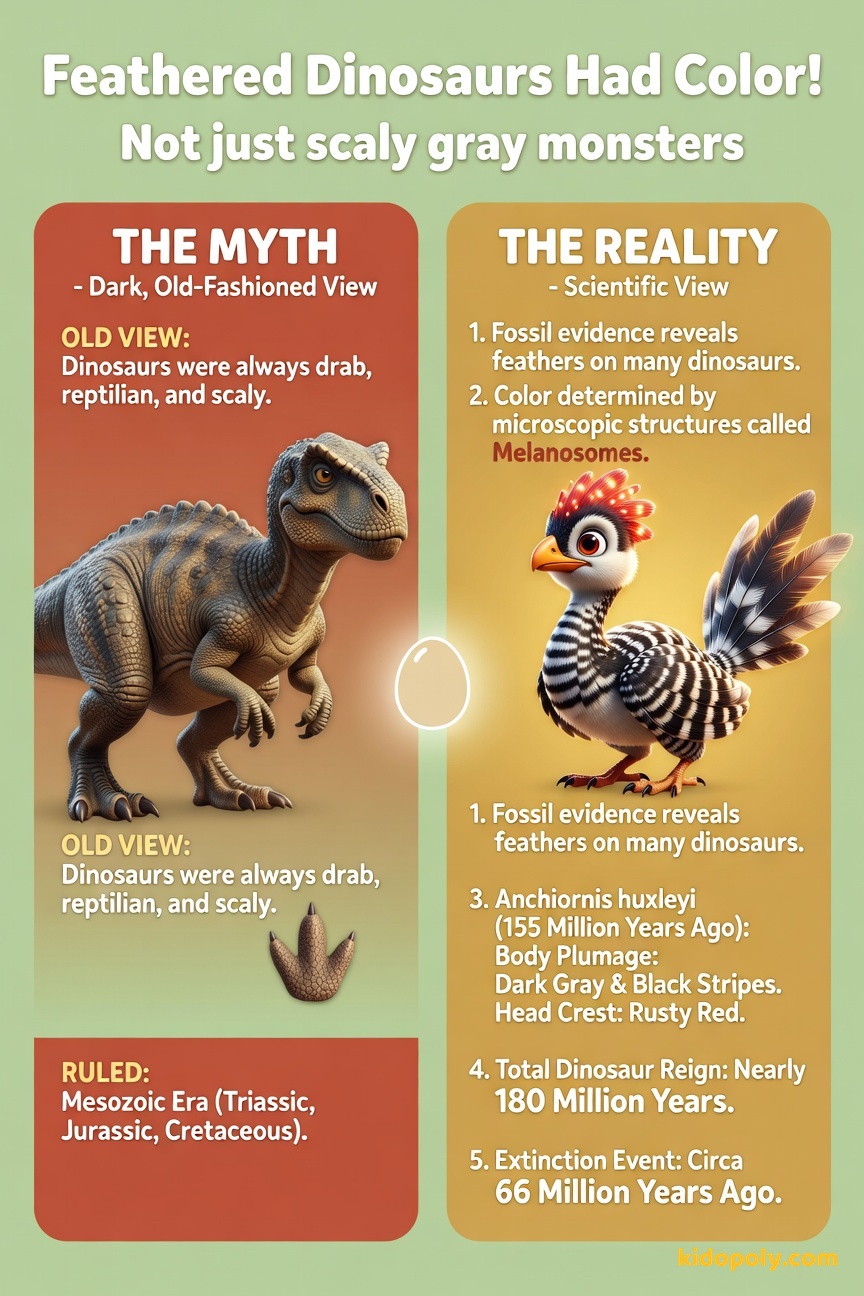 A side-by-side comparison: On the left, a scary, scaly, gray dinosaur (labeled 'Myth'). On the right, a scientifically-informed, fluffy dinosaur (*Anchiornis*) with clear black, white, and rusty red feather patterns (labeled 'Reality').