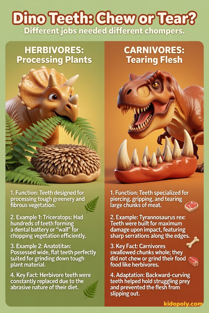 A close-up comparison of two types of dinosaur teeth: one side shows flat, ridged teeth for grinding (Herbivore), and the other side shows large, sharp, serrated teeth for tearing (Carnivore).