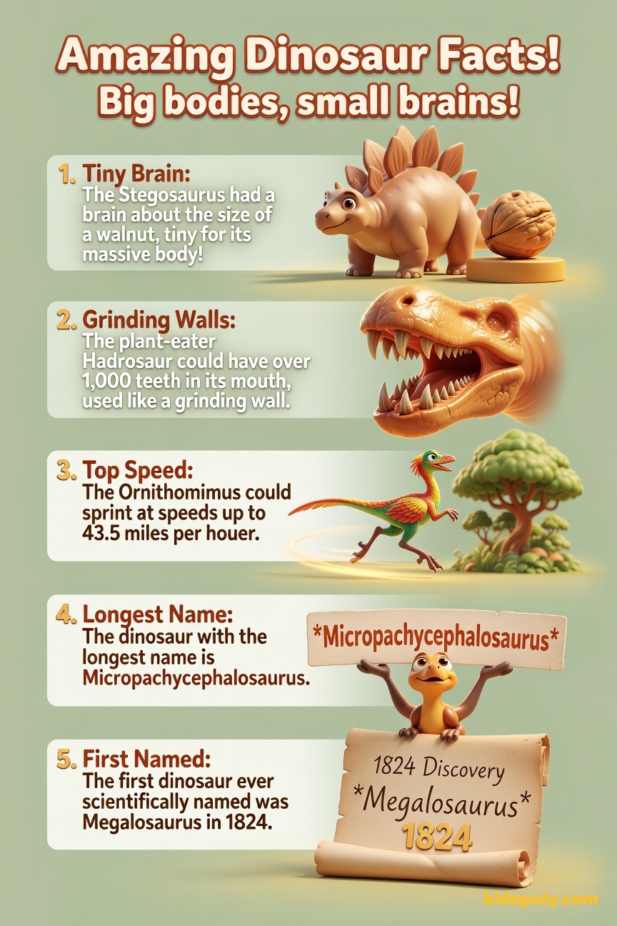 A collection of five illustrated facts about dinosaurs: Stegosaurus with a tiny brain icon, Hadrosaur with many teeth, Ornithomimus running fast, a scroll with the long dinosaur name, and an 1824 calendar page.