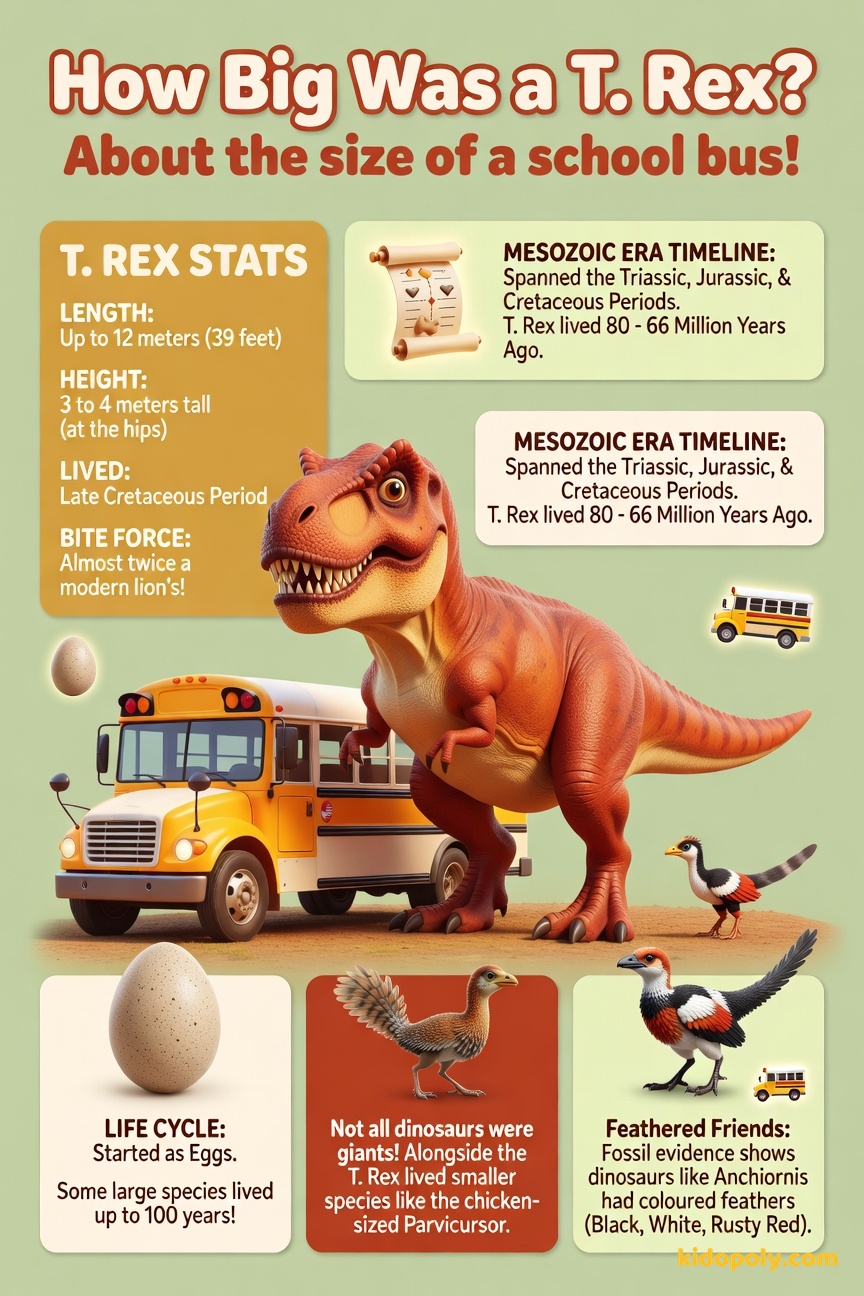 A cartoon Tyrannosaurus Rex standing next to a standard yellow American school bus to illustrate their relative sizes, showing the dinosaur is slightly longer and taller than the bus.