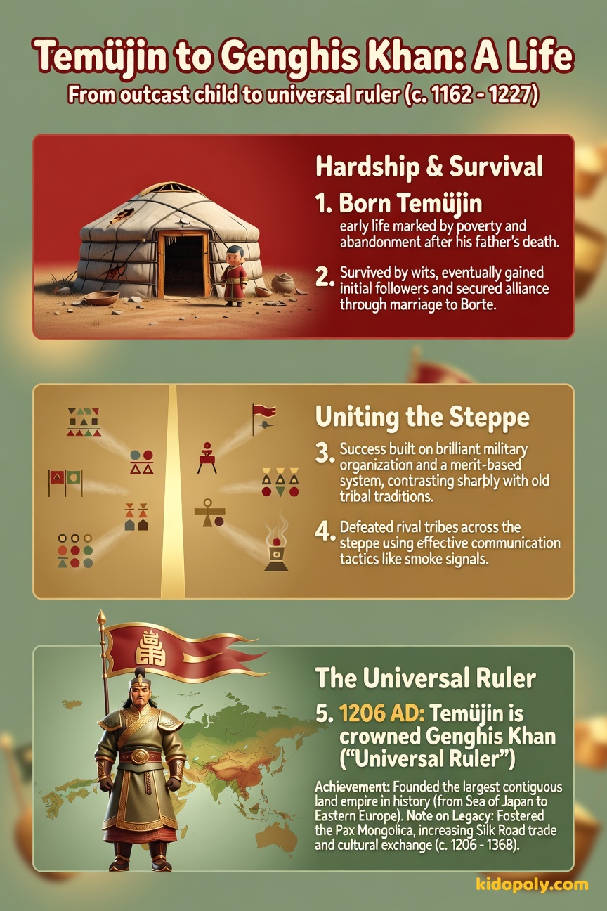 A simplified visual biography showing three stages: a small, lone figure (childhood hardship), a gathering of small tribal icons (gaining followers), and a large, unified banner (Genghis Khan).