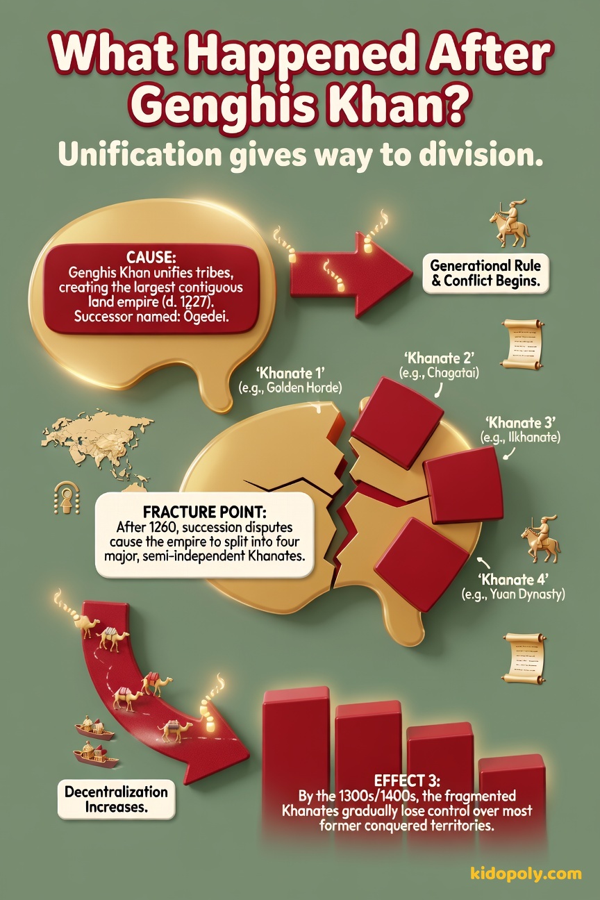 A simple flow chart showing the transition: 'Unified Empire (1227)' leads to 'Continued Growth' which then splits into 'Four Khanates' leading to 'Fractured Control.'