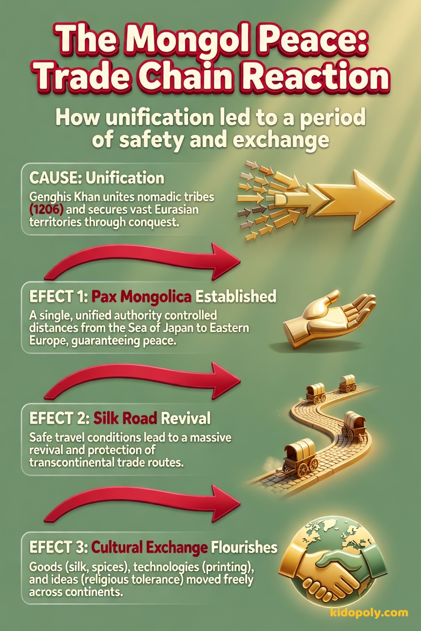 A flow chart graphic illustrating the cause-and-effect chain: 'Unification & Conquest' leads to 'Pax Mongolica (Peace),' which leads to 'Flourishing Silk Road,' resulting in 'East-West Exchange of Goods & Ideas.'
