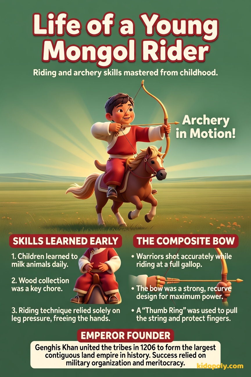 A scene depicting a cheerful, young Mongol child expertly guiding a sturdy pony with their legs while holding a recurve bow up, ready to shoot an arrow. The scene is set against a backdrop of rolling green hills.