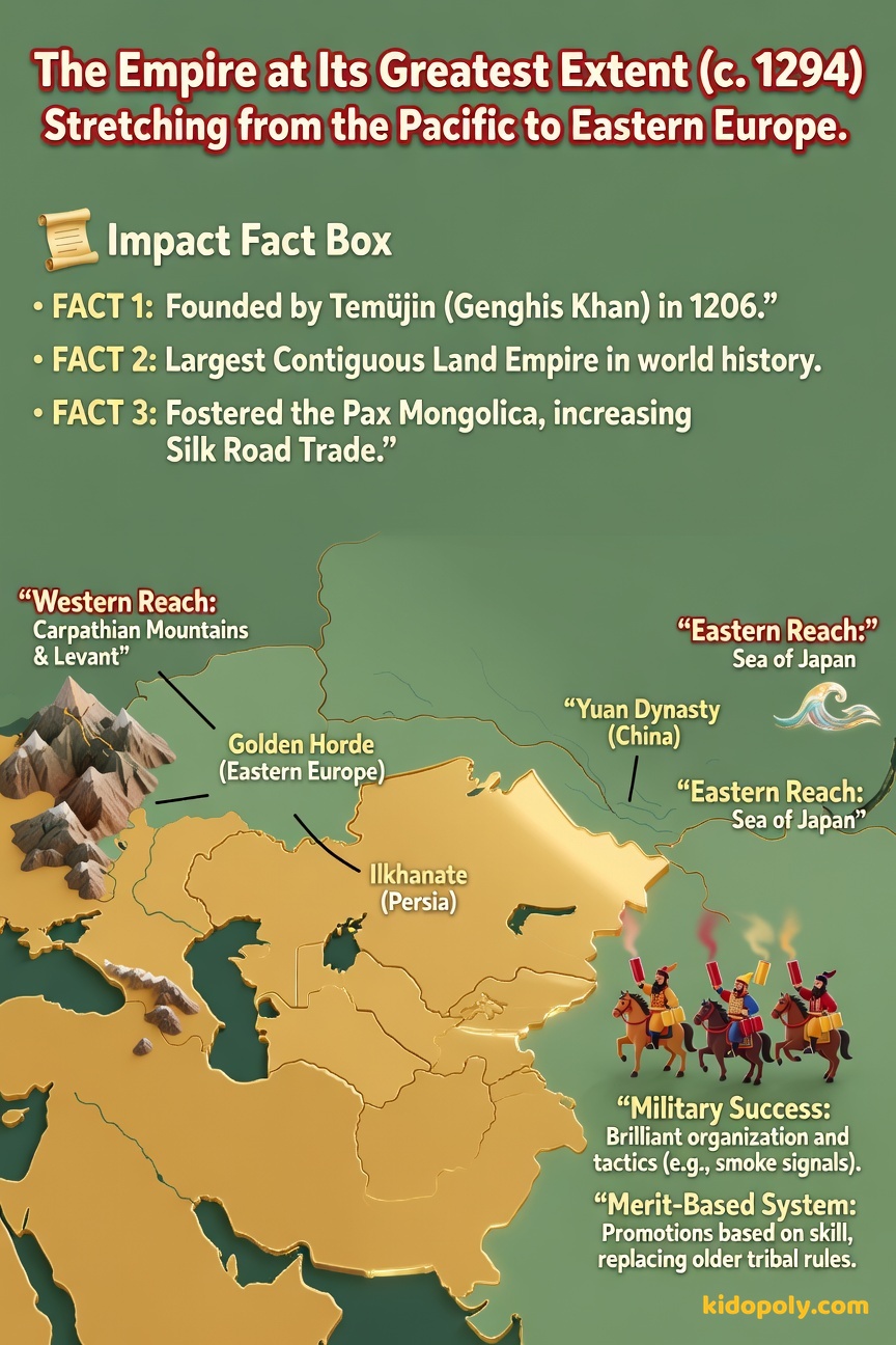A stylized map of Eurasia colored in Muted Sage Green with the maximum extent of the Mongol Empire outlined in Sandy Gold, clearly showing the reach from East Asia across Central Asia and into Eastern Europe.