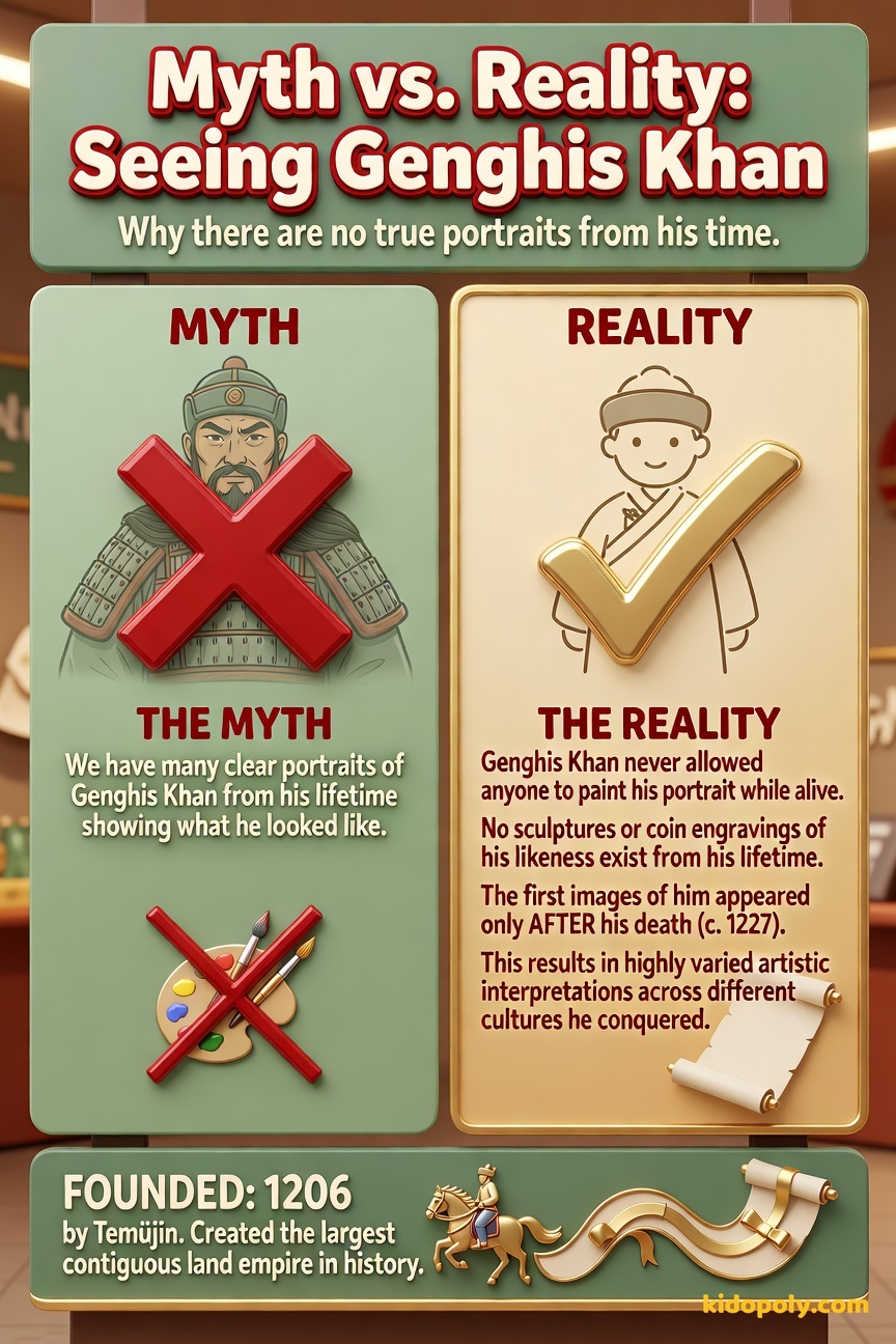 A visual split screen. The 'MYTH' side shows a very detailed, realistic historical portrait with a large 'X' over it. The 'REALITY' side shows a blank space or a very faint, friendly sketch with a green checkmark, emphasizing the lack of a true image.