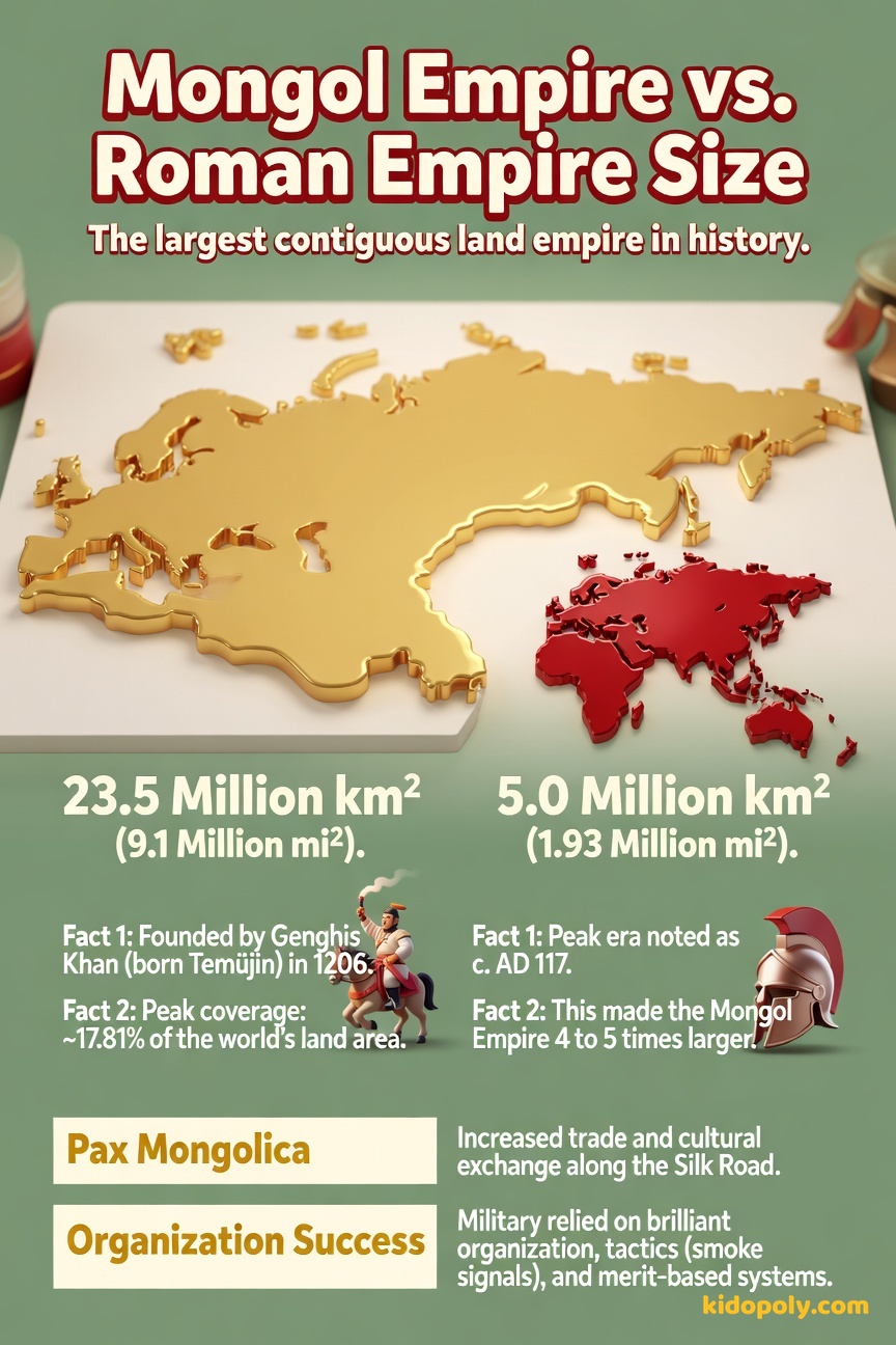 A side-by-side comparison graphic showing a simplified map outline of the Mongol Empire (huge, in Sandy Gold) next to a map outline of the Roman Empire (much smaller, in Deep Crimson Red), clearly illustrating the vast difference in land area.