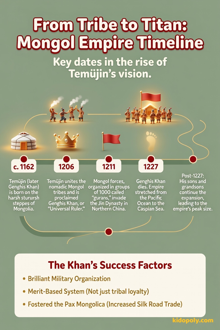 A horizontal timeline showing four key dates: c. 1162 (birth), 1206 (unification), 1211 (invasion), and 1227 (death), illustrated with small, clear icons like a baby, a crown, an army banner, and a setting sun.