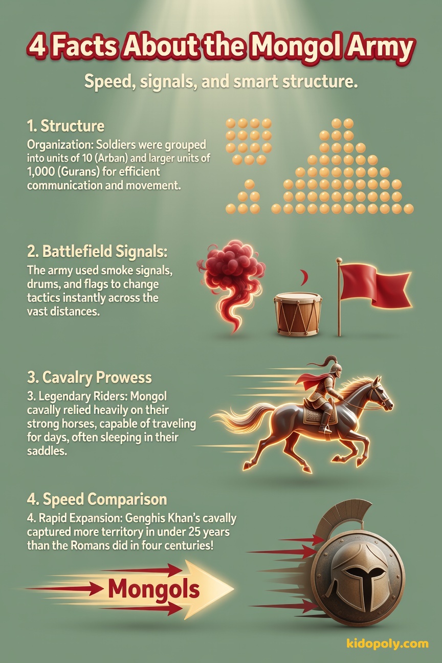 Four numbered facts about the Mongol army: 1. A small group icon. 2. Icons of flags and smoke signals. 3. A stylized pony icon. 4. A comparison icon showing a fast arrow overtaking a slow chariot.