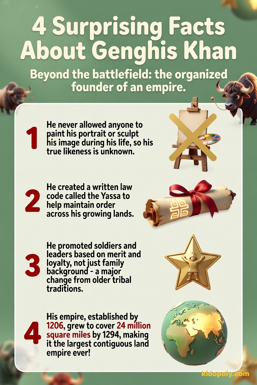 Four numbered facts about Genghis Khan appearing over colorful, friendly graphic icons representing the facts: a blank portrait, a scroll, a medal, and a map outline.