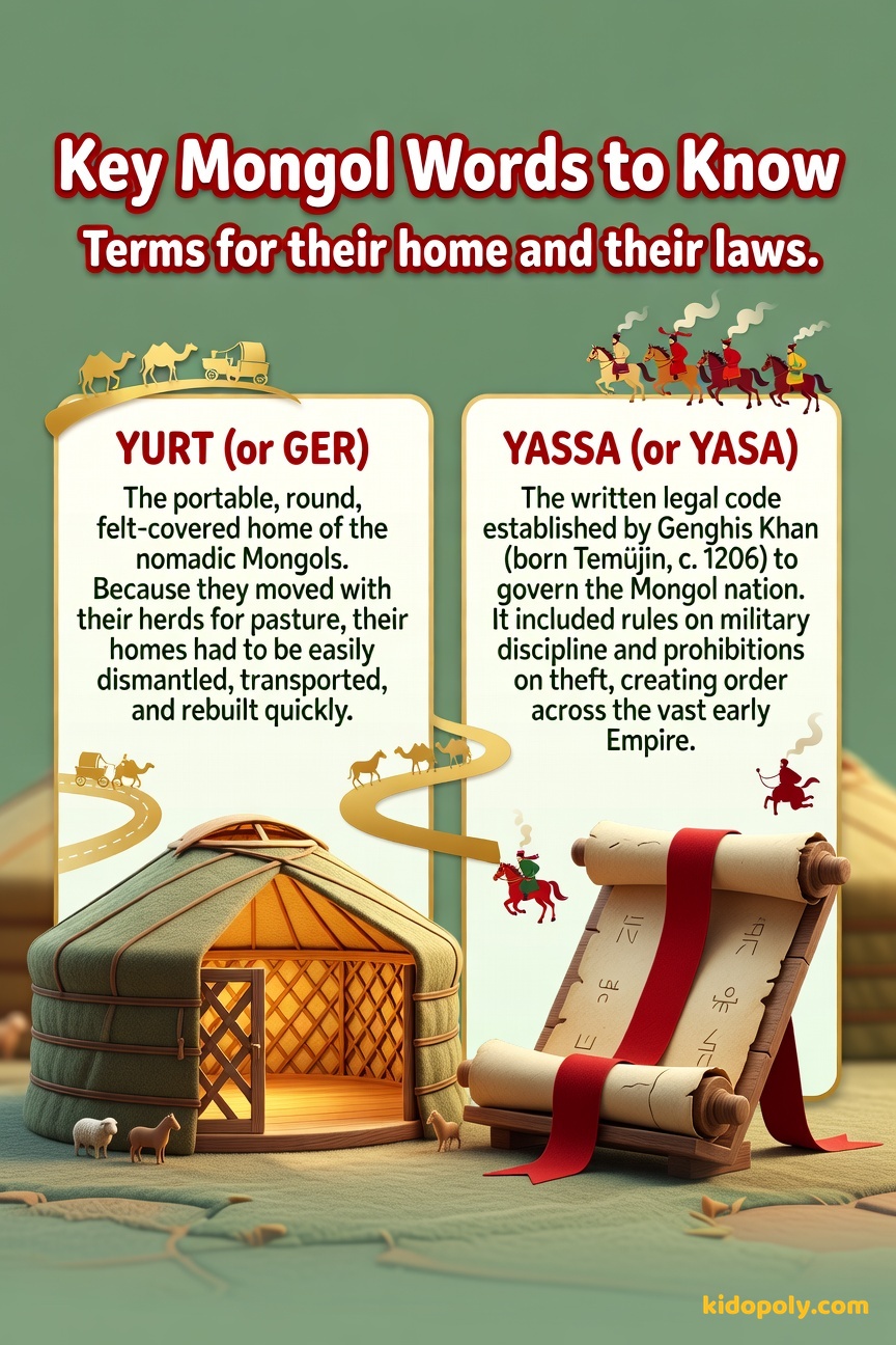 Two vocabulary cards side-by-side. One shows a cross-section of a round, cozy felt tent (YURT). The other shows a scroll with ancient writing (YASSA).