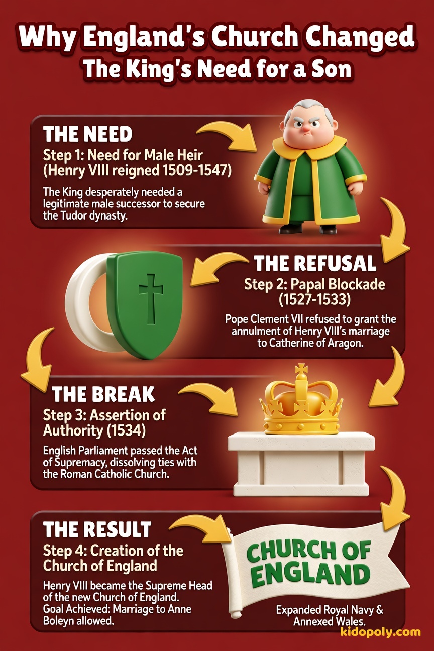 A four-step flow chart showing the cause and effect chain leading from Henry's marital desire to the creation of the Church of England.