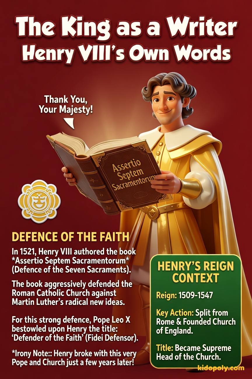 A stylized image of a handsome young King Henry VIII holding a richly bound book titled 'Assertio Septem Sacramentorum' with a Papal seal in the corner.