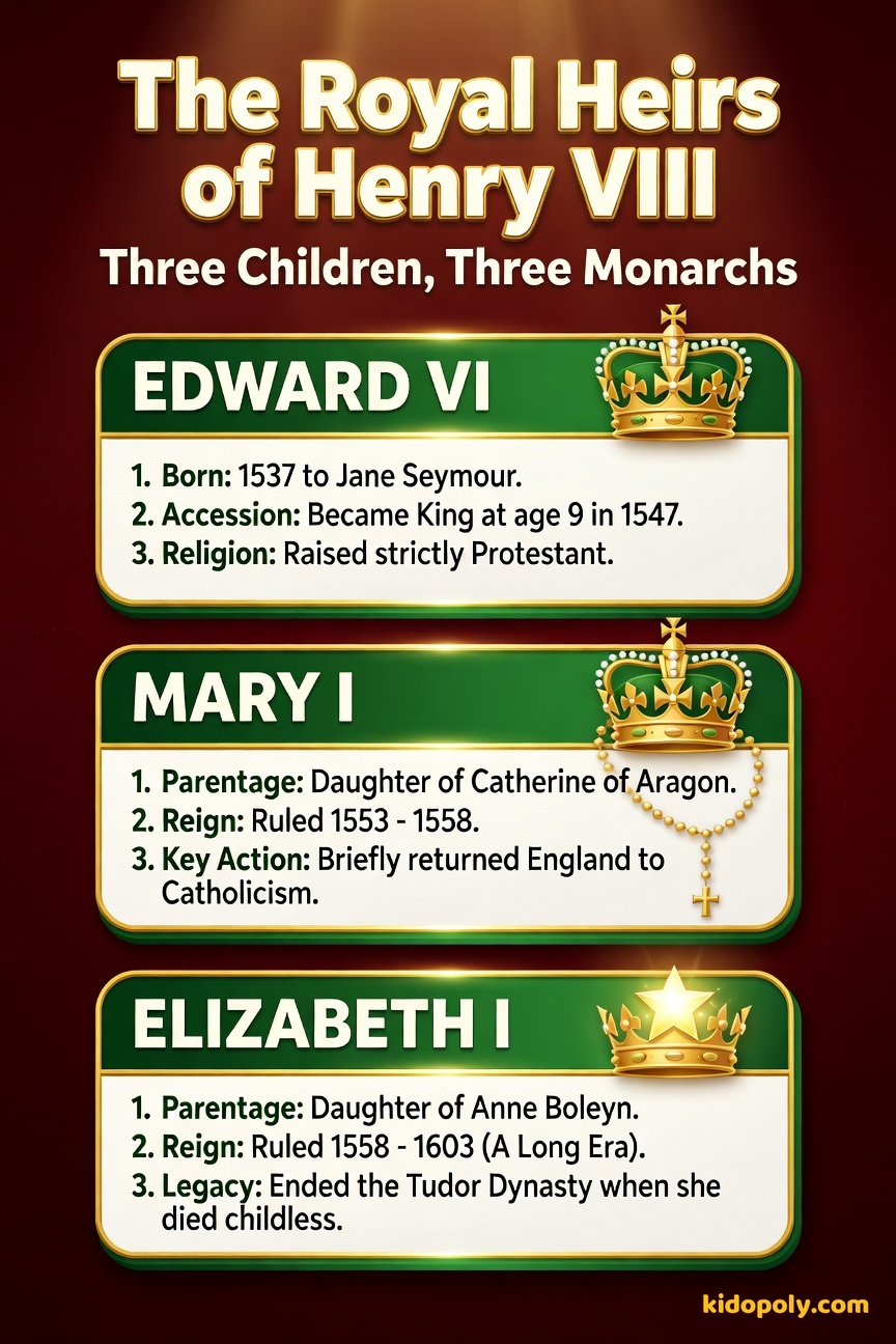 A list of three short facts about Henry VIII's children, Edward VI, Mary I, and Elizabeth I, noting they all became monarchs.