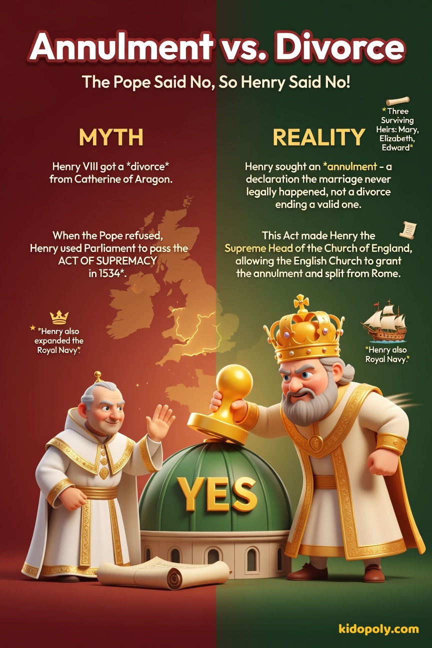 A split graphic showing a Pope figure shaking his head 'No' on one side, and a picture of Henry VIII wearing a crown over a church on the other, illustrating the power struggle over the annulment.