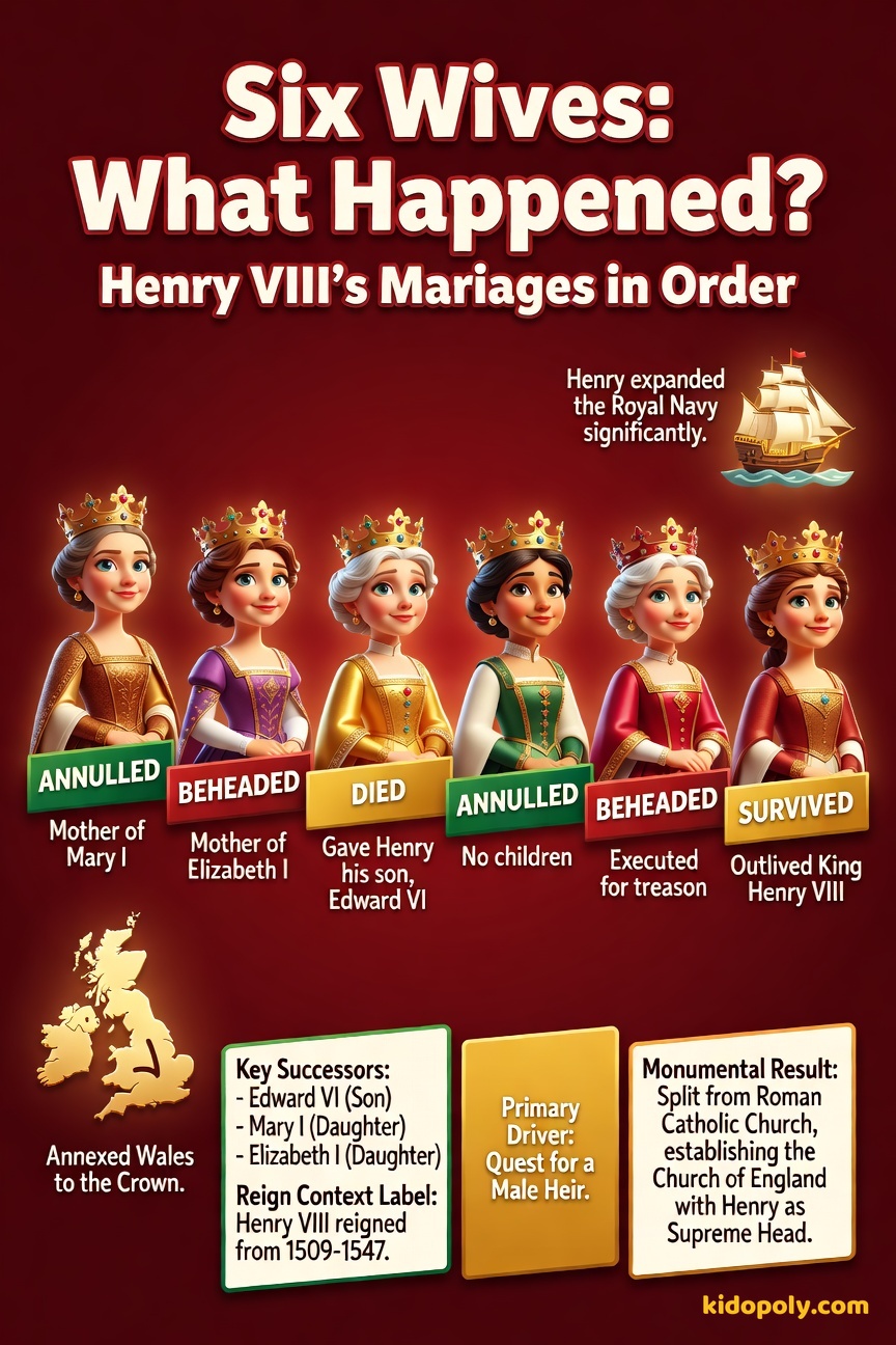 A graphic showing six stylized portrait icons representing Henry VIII's wives, each with a small label showing their fate: Annulled, Beheaded, Died, Annulled, Beheaded, Survived.