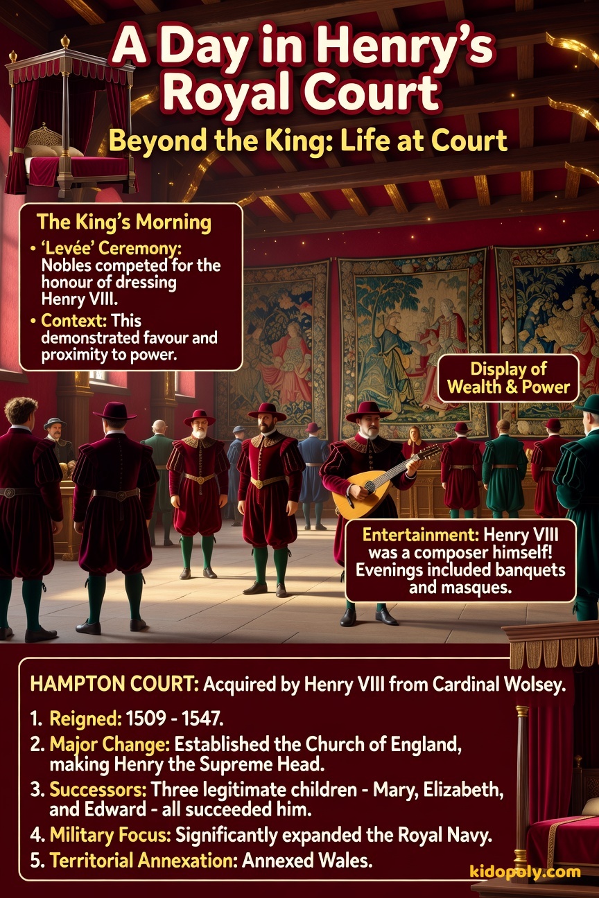 An illustration depicting a bustling, richly decorated Tudor royal hall with courtiers milling about, musicians playing, and a glimpse of a large feast table.