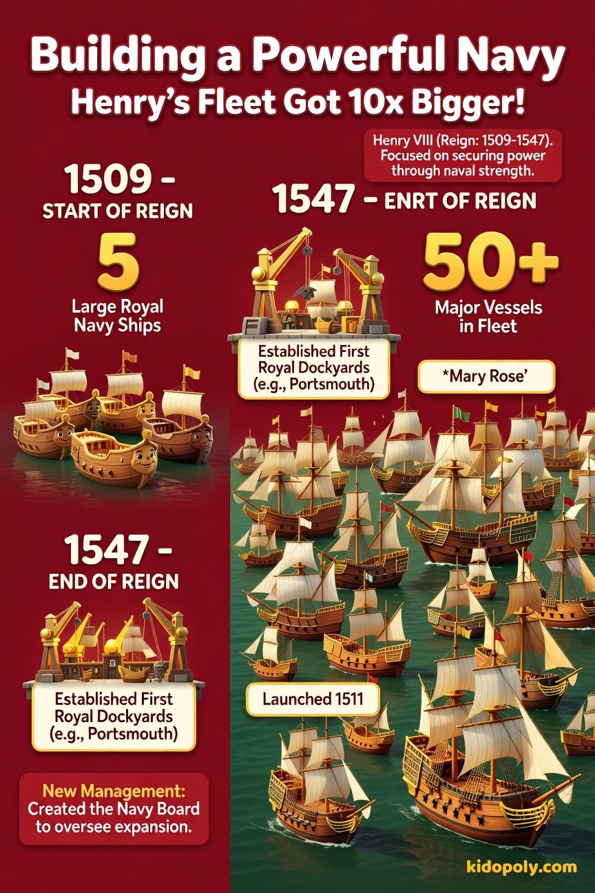 A visual scale comparison showing five small cartoon ships next to fifty larger cartoon ships, illustrating the growth of the Royal Navy under Henry VIII.