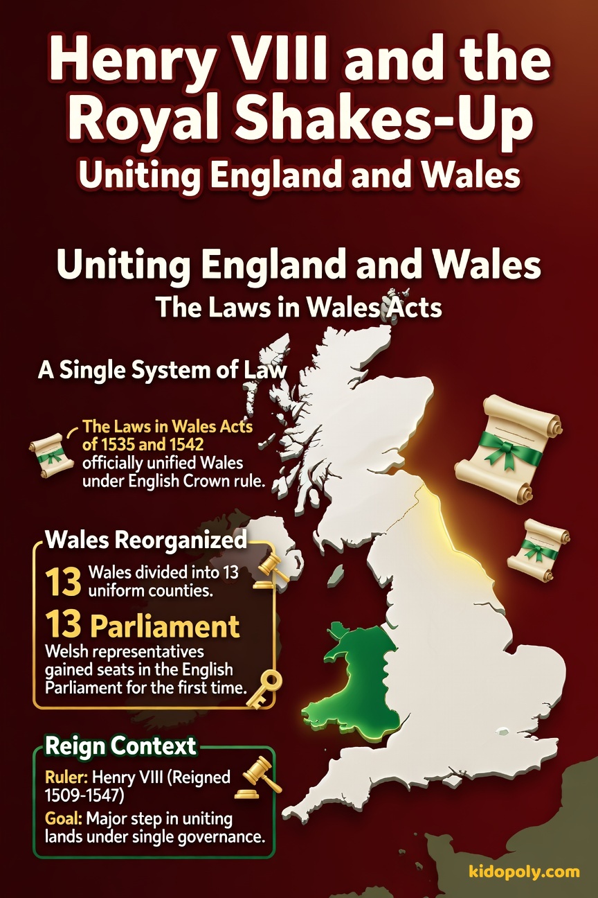 A simplified map of Great Britain highlighting the area of Wales, which is coloured differently and marked with the dates 1535 and 1542 to show unification with England.