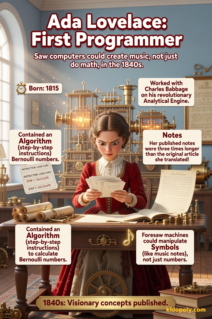 Ada Lovelace thoughtfully sketching diagrams of punch cards next to a representation of Charles Babbage's Analytical Engine.