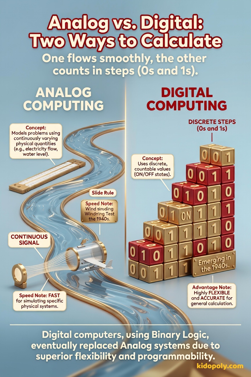 A split image: one side shows a smooth, wavy line (analog) labeled with a flowing stream of water. The other side shows a blocky, step-like pattern (digital) labeled with alternating 0s and 1s.