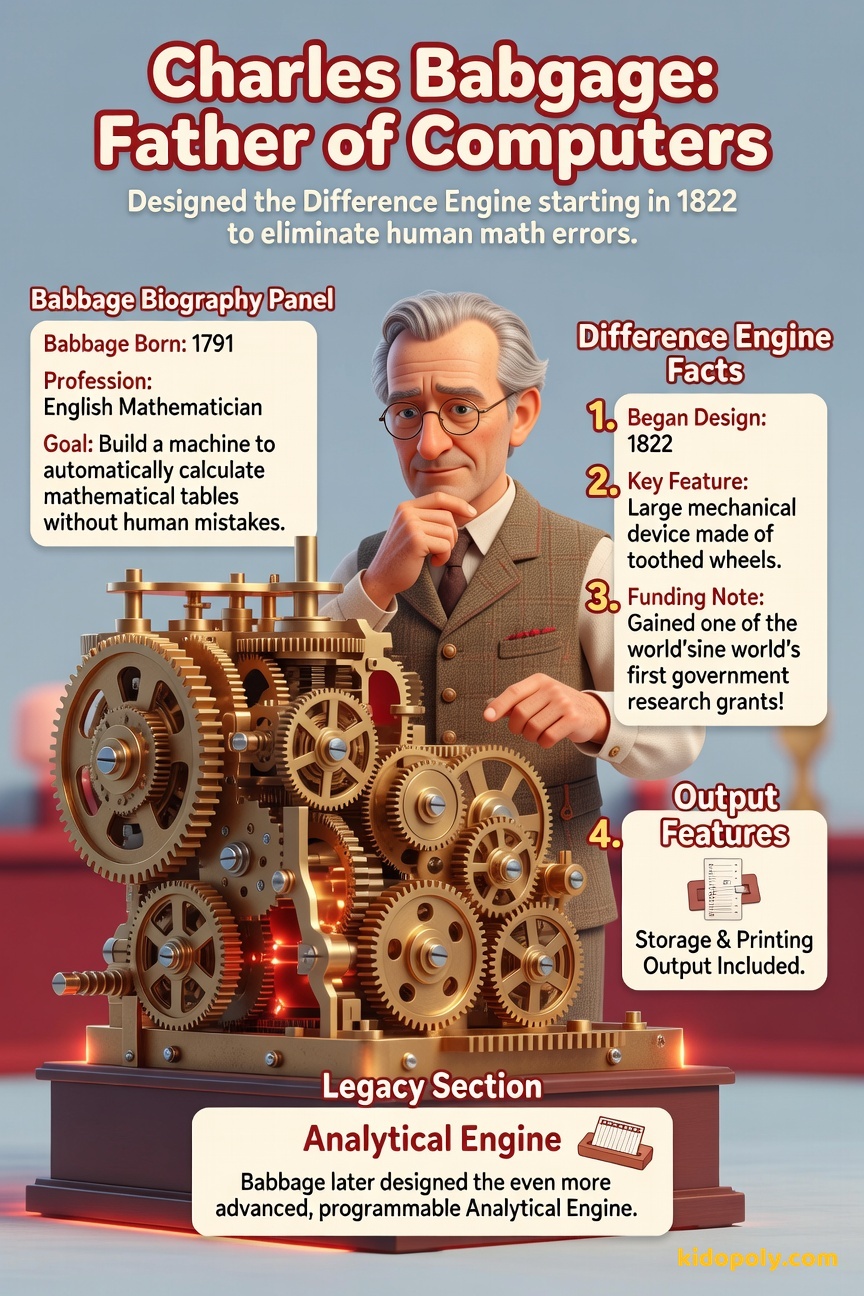 A portrait of Charles Babbage next to a detailed, complex-looking brass mechanical device with many spinning gears.