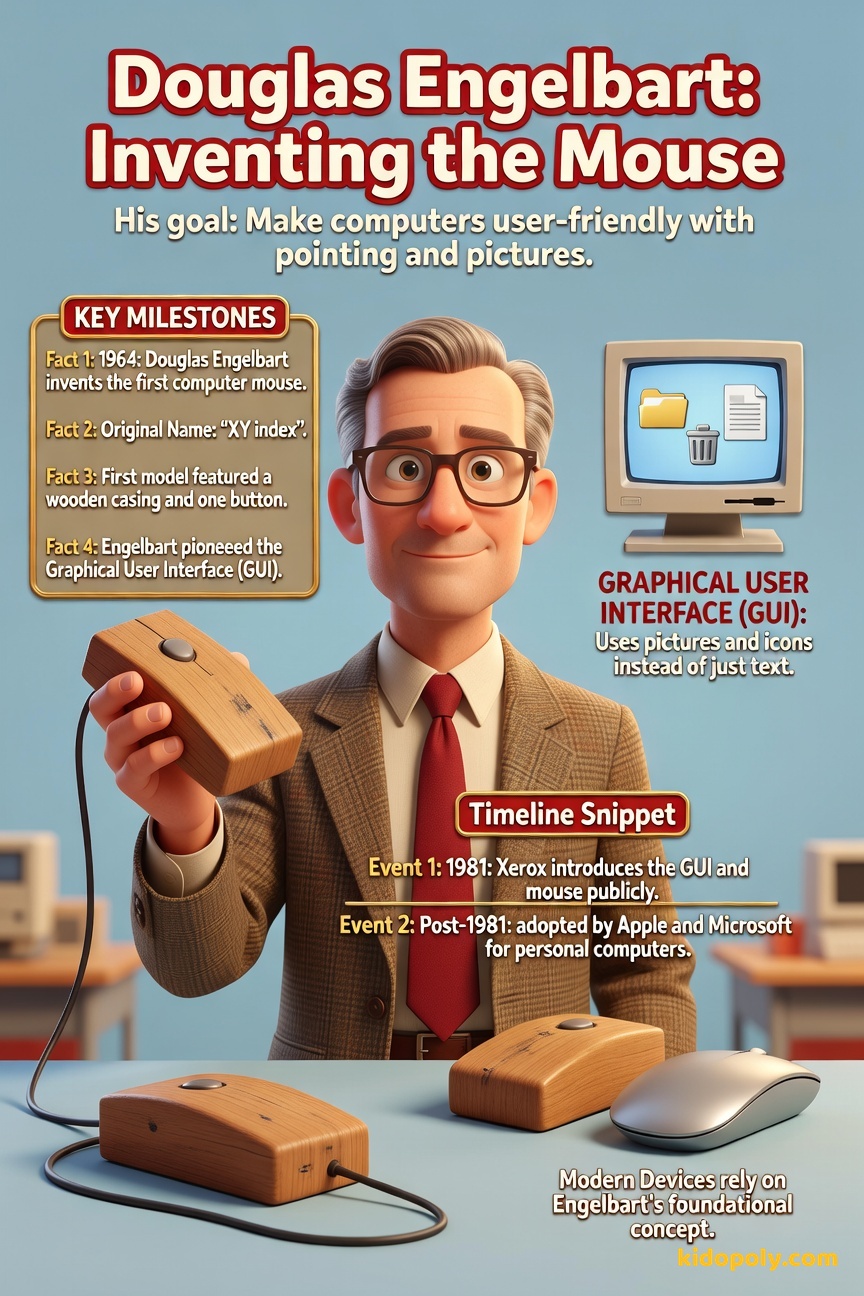 A friendly Douglas Engelbart demonstrating his first blocky, wooden computer mouse with a long wire, next to a simple screen showing clickable icons.