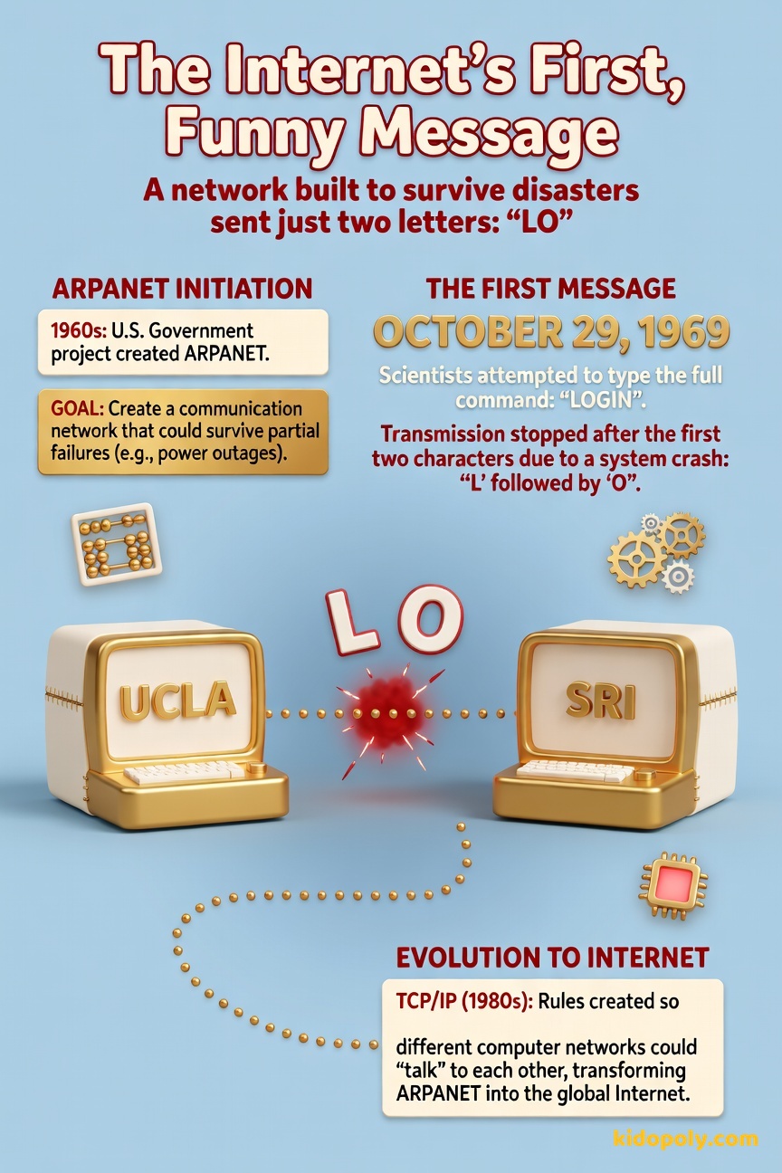 A simple map showing two dots (universities) connected by a sparking line. On one side, a scientist types 'L-O' while on the other side, the system sparks and fails before the 'G' arrives.