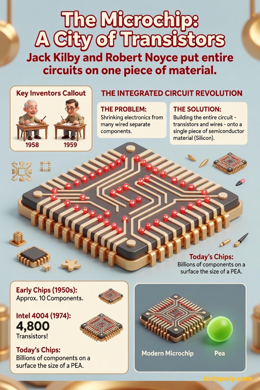 An infographic showing a tiny square microchip with many detailed, colorful pathways inside, with arrows pointing to numbers: '10 components (1950s)' and 'Billions today'.