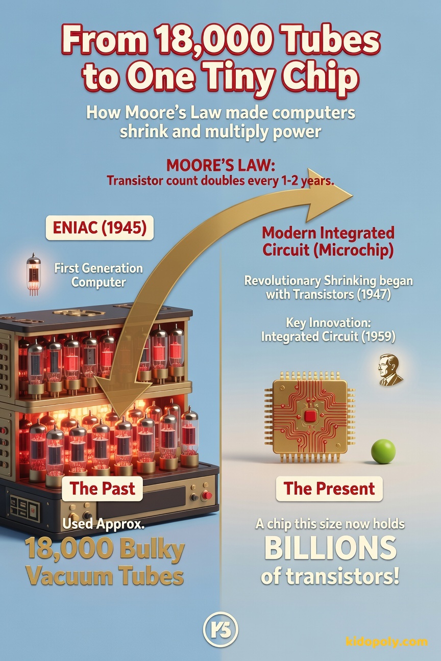 A visual scale comparison: A massive, cartoon-style room filled with glowing vacuum tubes on one side, contrasted sharply with a tiny picture of a modern pea-sized chip on the other, connected by a dramatic downward-pointing arrow.
