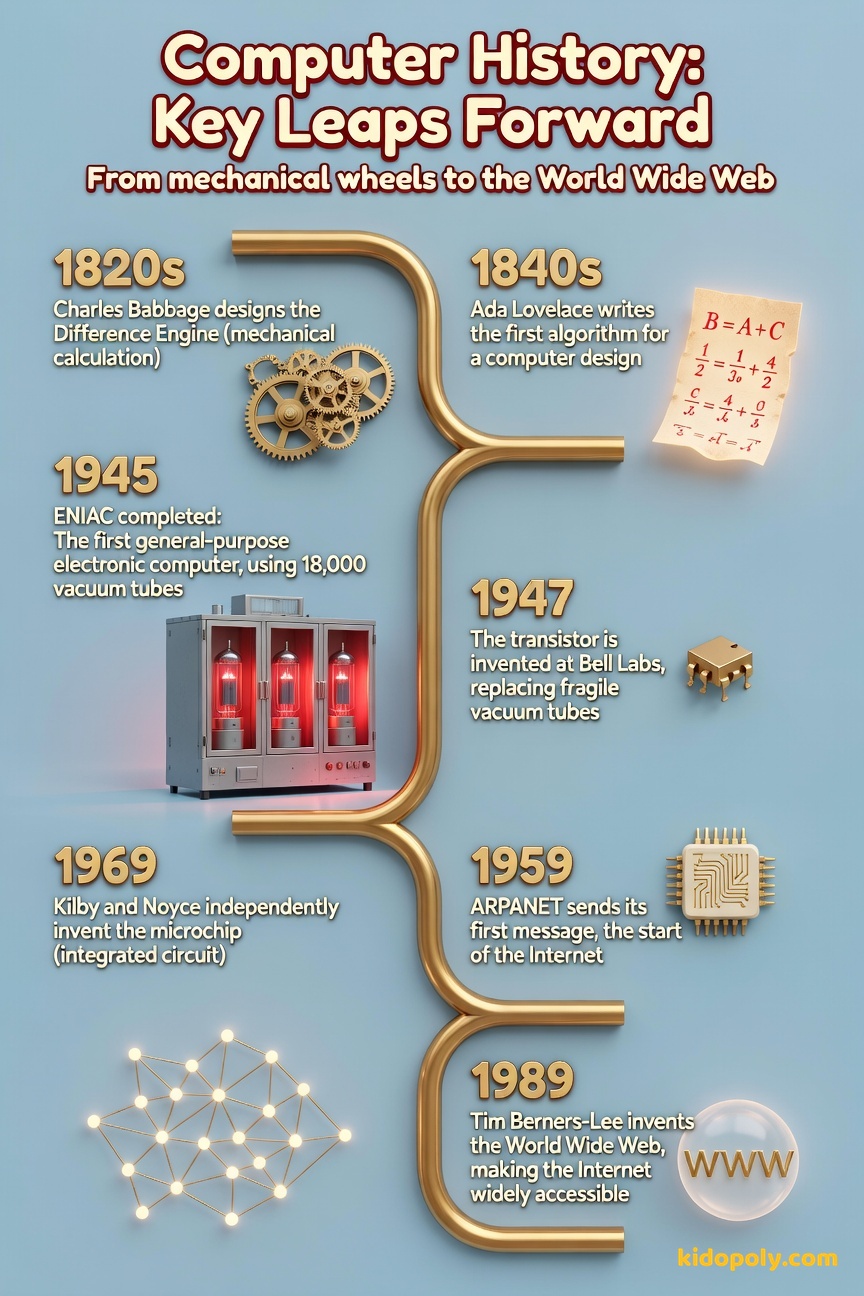 A chronological timeline graphic showing icons for an abacus, a gear, a vacuum tube, a microchip, and a web browser, with dates spanning from the 1800s to the 1990s.