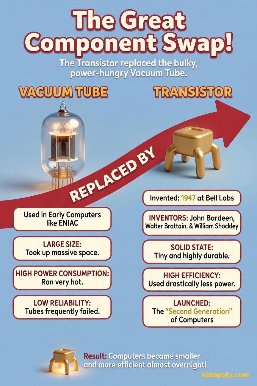 A dramatic side-by-side comparison: a glowing, oversized, fragile glass vacuum tube next to a tiny, durable metallic or plastic transistor.