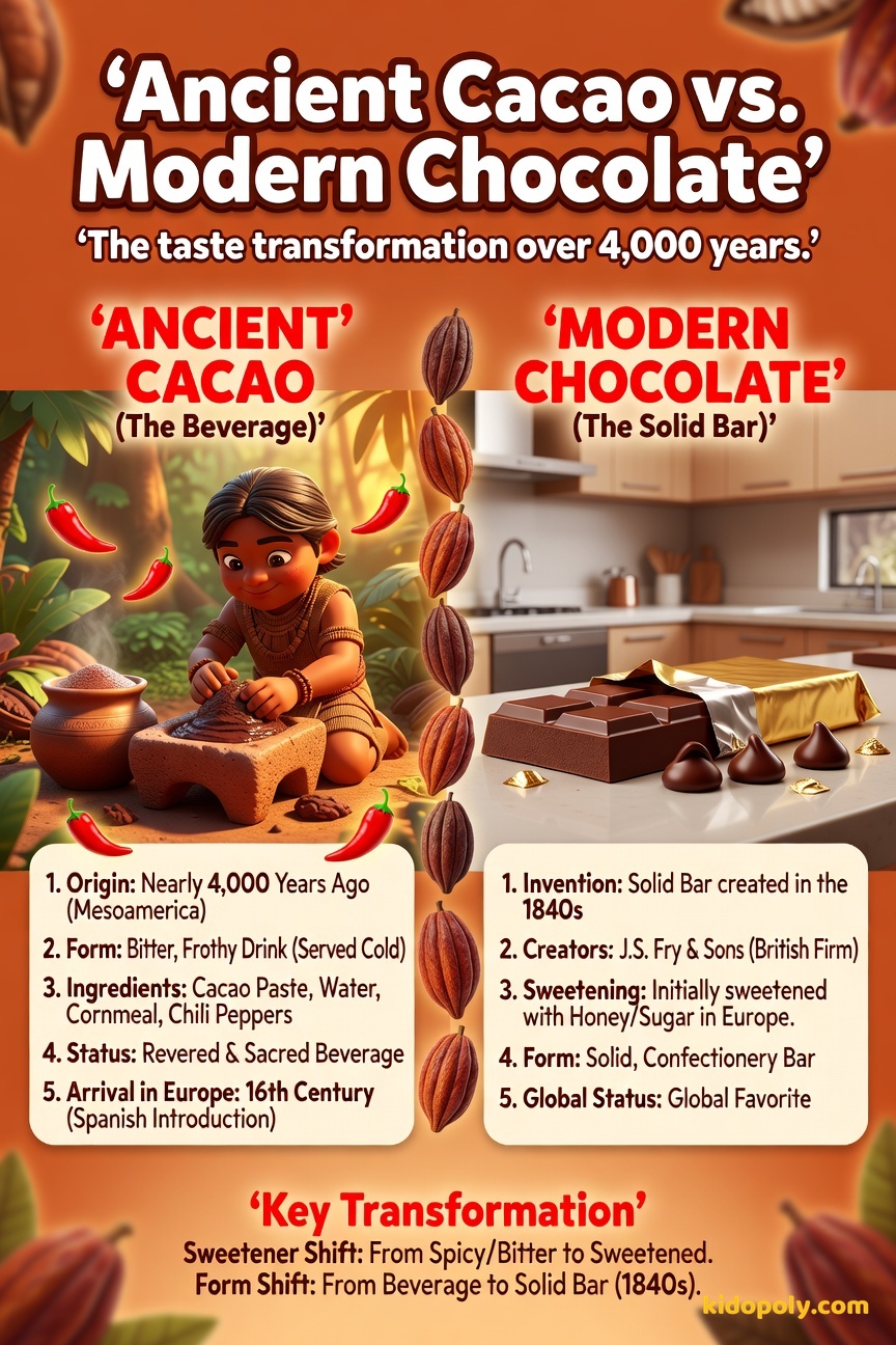 A split image: one side shows a stone grinding tool (metate) next to a frothy, dark drink being poured; the other side shows a shiny, rectangular milk chocolate bar.