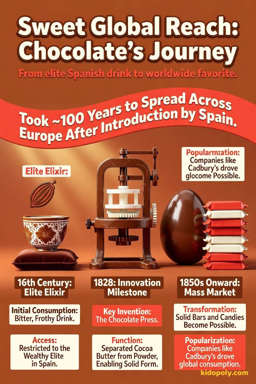A visual scale comparing the size of a small historical chocolate cup to a modern, large chocolate Easter egg, with a drawing of an 1828 chocolate press in the middle.
