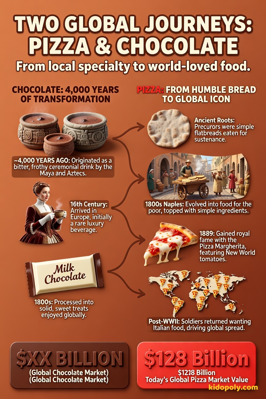 An infographic summarizing the key stages: Chocolate: Mesoamerica Drink -> Europe Sweetened Drink -> Global Bar. Pizza: Ancient Flatbread -> Naples Staple -> Global Food (Post-WWII).