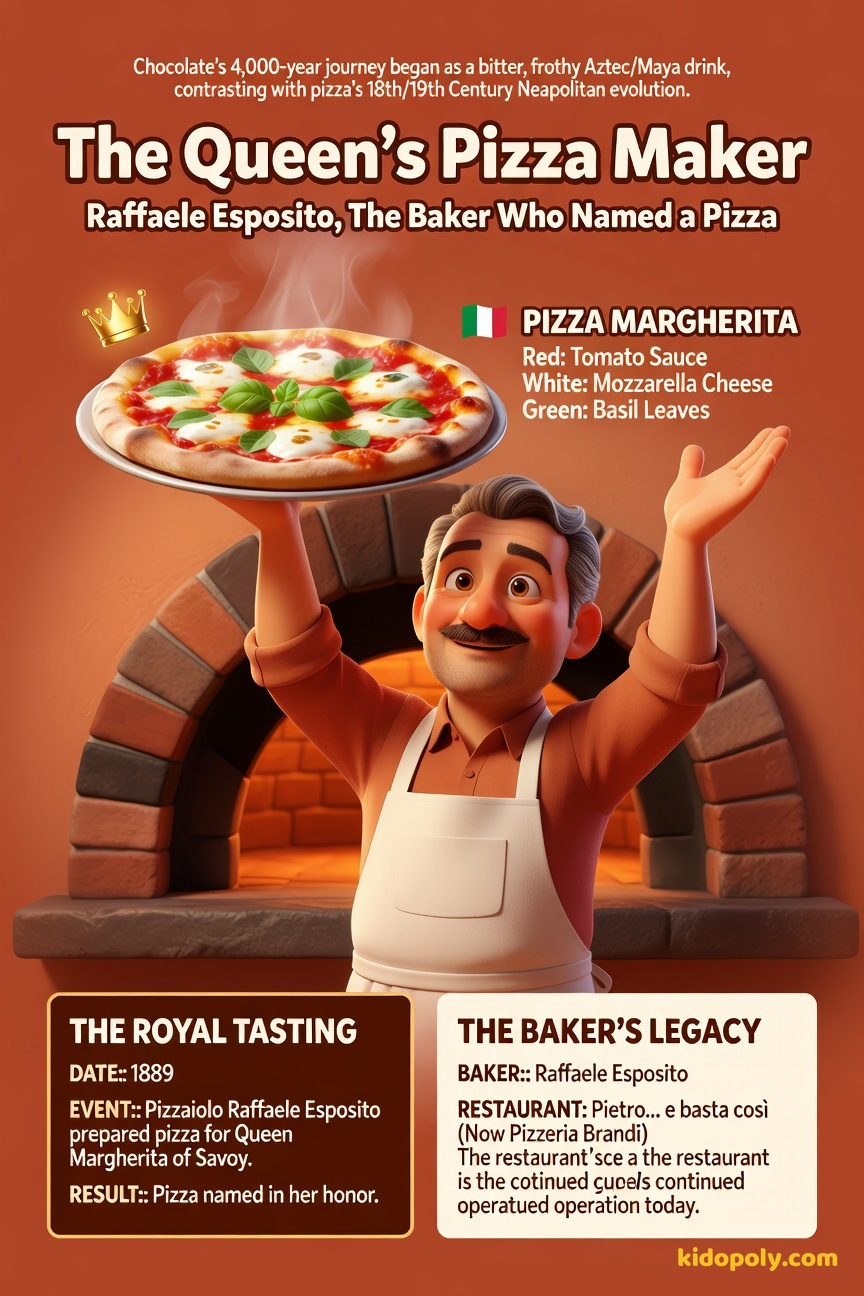 A friendly, mustachioed Italian baker in an apron standing proudly next to a wood-fired oven, holding up a freshly baked Pizza Margherita.