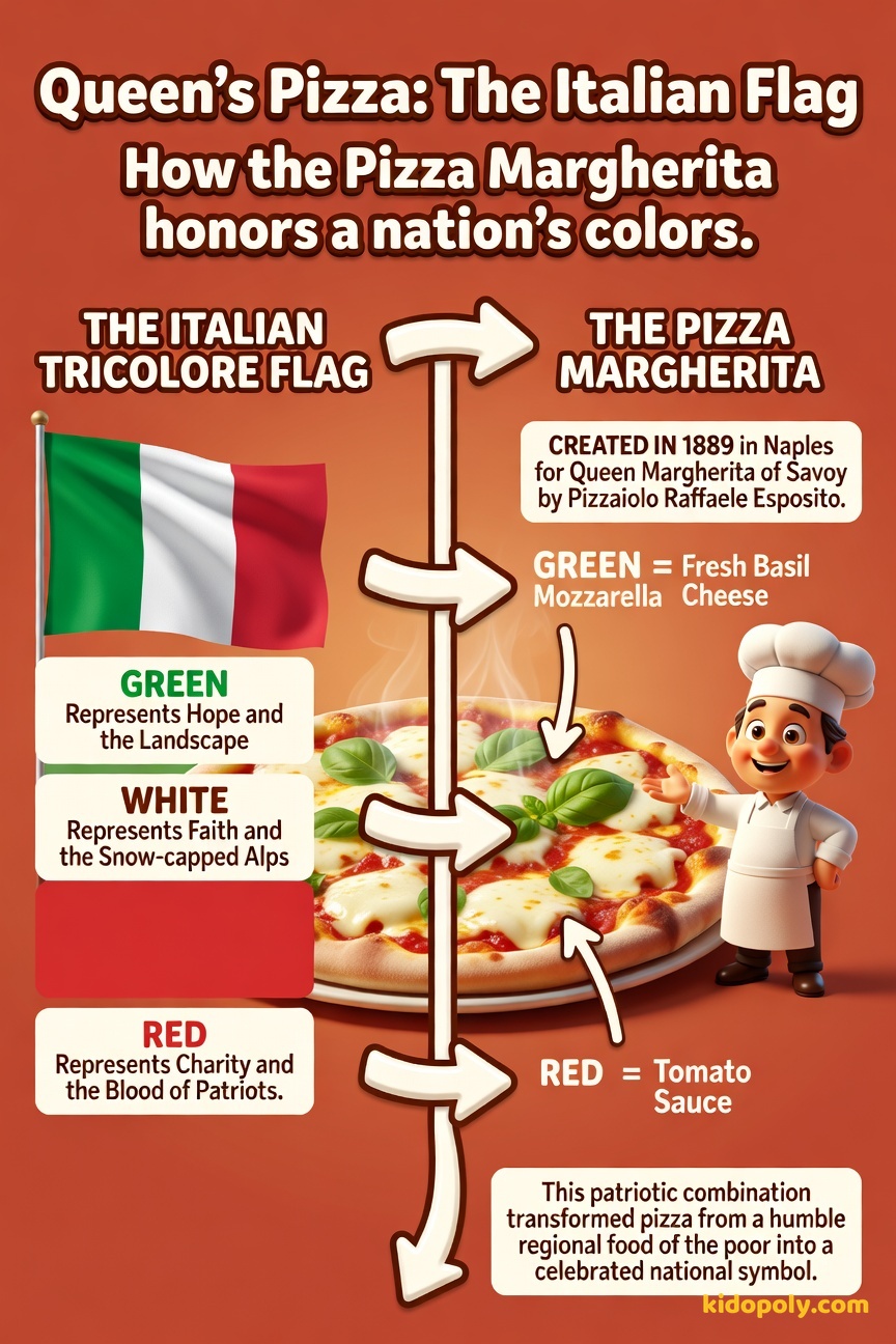 Side-by-side comparison showing the Italian flag next to a Pizza Margherita, with lines connecting the red stripe to the sauce, white stripe to the cheese, and green stripe to the basil.
