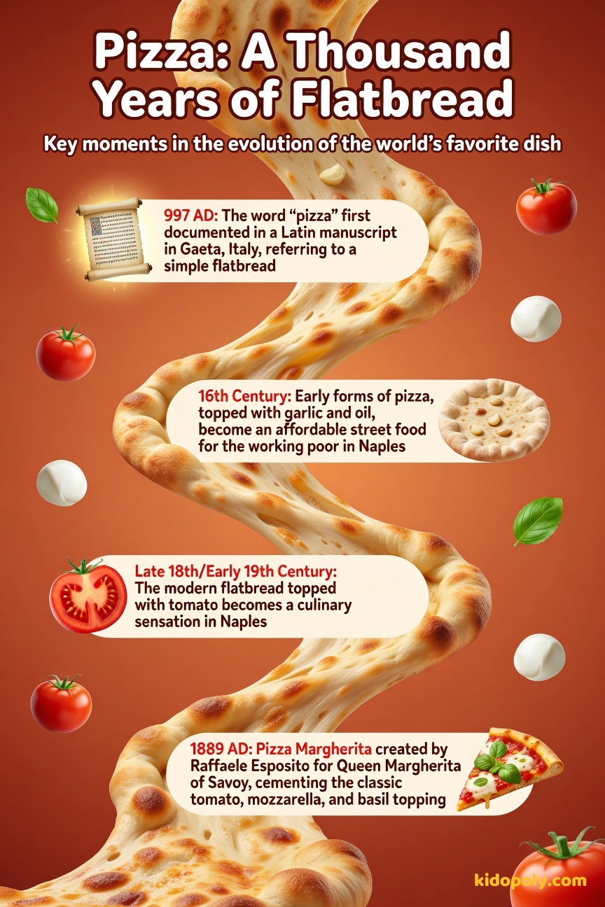 A timeline showing four key dates: 997 AD (First word 'pizza'), 16th Century (Naples Street Food), Late 18th Century (Tomato Added), 1889 (Pizza Margherita created).